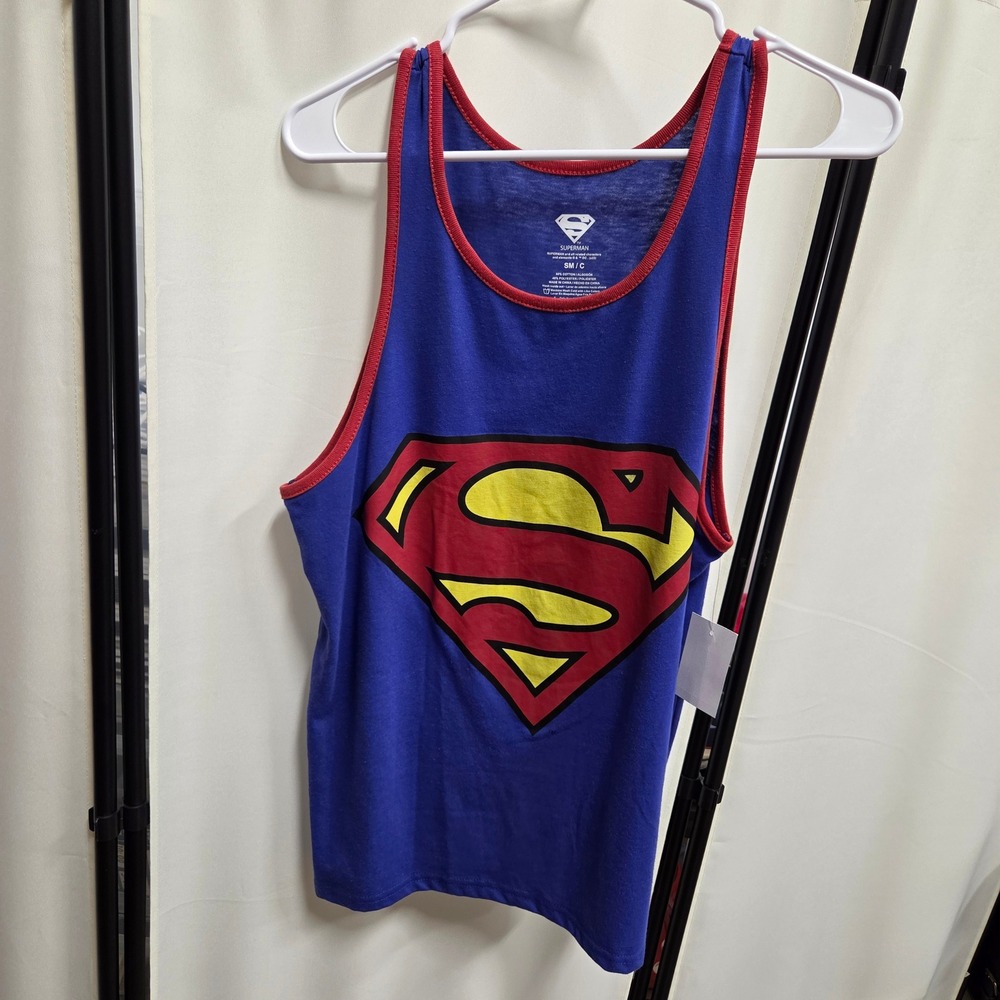 Superman Mens Graphic Tank Top Blue Red Ringer Logo Shirt Small DC Comics NEW